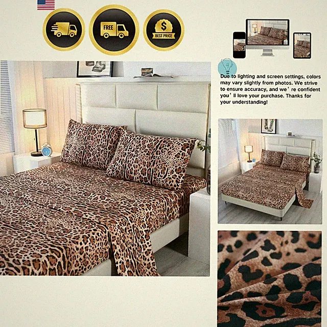 4PCS Leopard Bedding Sheets Queen Size Leopard Print Sheet Set Included 1 Fit...