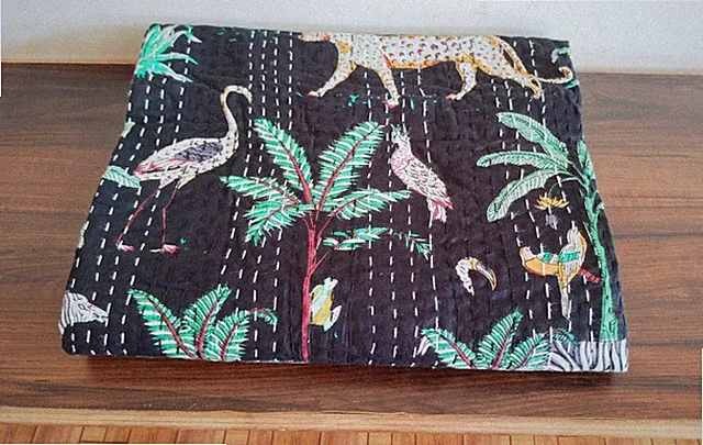 Animal jungle printed Cotton kantha Blanket, Black Color Hippie Bedspread
