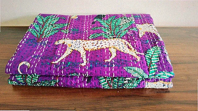 Animal jungle printed Cotton kantha Blanket, Purple Color Hippie Bedspread