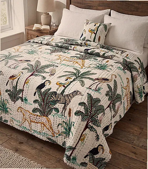 Animal jungle printed Cotton kantha Blanket, White Color Hippie Bedspread
