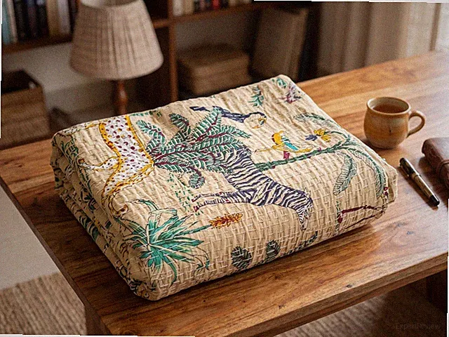 Beige color Animal jungle printed Cotton kantha Blanket, Hippie Bedspread