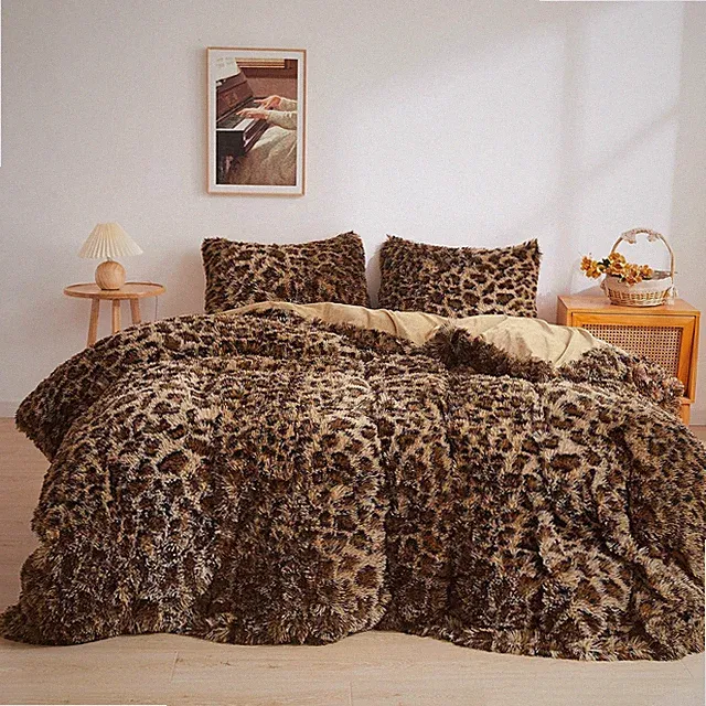 Cheetah Print Faux Fur Duvet Cover Set - 3 Piece King Bedding Set Brown