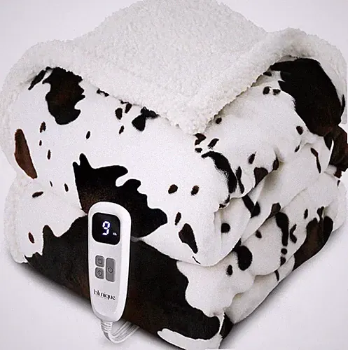 Cow Print Heated Throw Blanket 50" x 60", 01 - Black Ombre-white