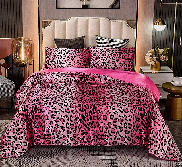 Full Queen Bed Pink Leopard Wild Animal Safari 3 Pc. Satin Silky Comforter Set