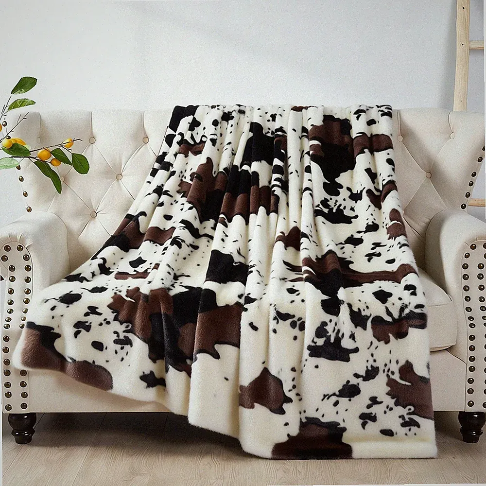 HST Cow Print Faux Fur Throw Blanket Soft Cozy Reversible Fall Winter Decor Gift