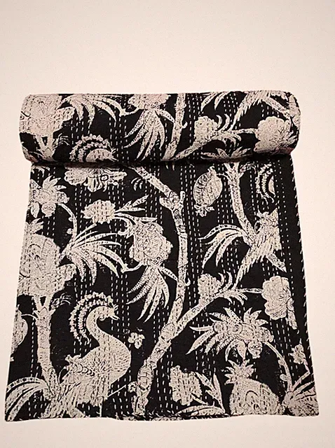 Indian Black Animal Print Handmade Kantha Quilt Bedspread Blanket Throw Cotton