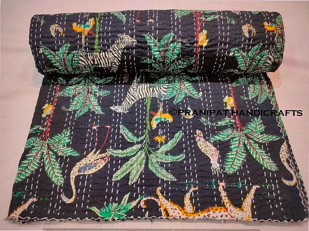 Indien Queen Animal Print Blanket Black Summer Cotton Home D?cor Kantha Quilt
