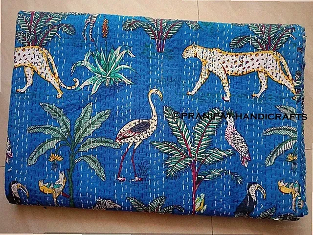 Indien Queen Animal Print Blanket Blue Summer Cotton Home D?cor Kantha Quilt