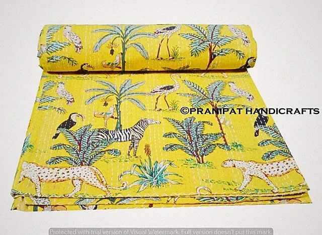Indien Queen Animal Print Blanket Yellow Summer Cotton Home D?cor Kantha Quilt