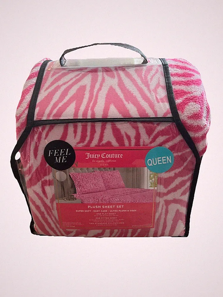 Juicy Couture Home Zebra Animal Print Plush Queen Sheet Set 4Pc Y2K Hot Pink New