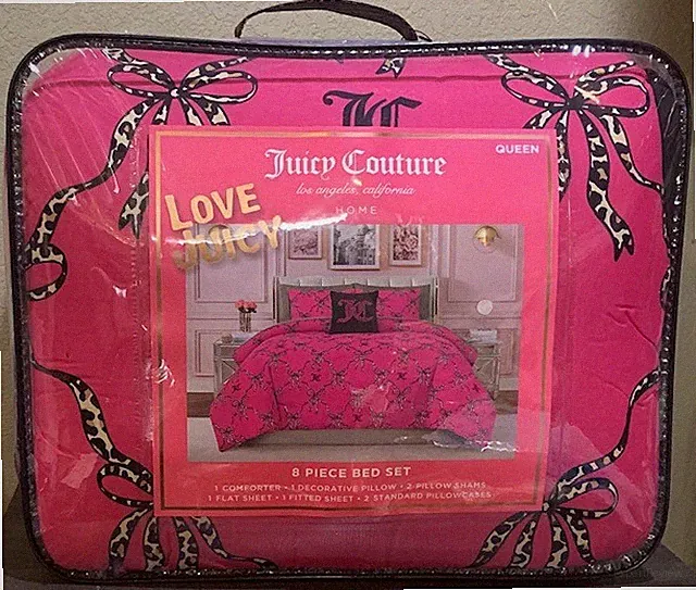 Juicy Couture Hot Pink with Leopard Bows &Leopard Sheets 8pc QUEEN Comforter Set