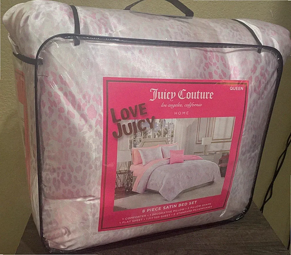 Juicy Couture Pink Leopard Satin QUEEN 8pc Set Comforter, Shams,Sheet Set,Pillow
