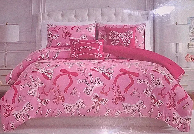 Juicy Couture Pink w/Animal Print Coquette Bows & Logos KING 5pc Comforter Set