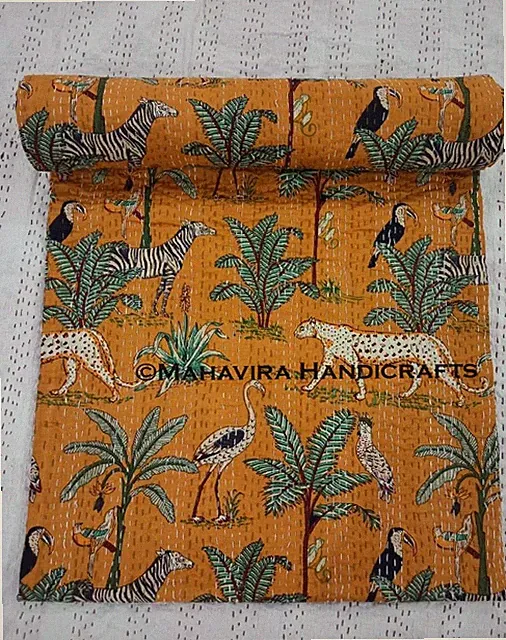 Jungle Print Cotton Orange Kantha Quilt Coverlet Twin Size Bedspread Blanket