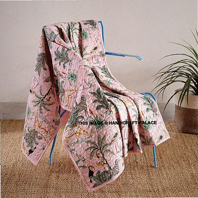 Leopard Printed Pure Cotton Blanket Indian Kantha Quilted Twin Size Throw Quilt