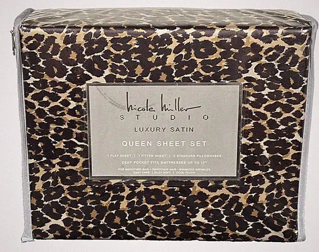 Nicole Miller QUEEN Sheet Set Cheetah Leopard Print Satin 4PC Deep Pocket