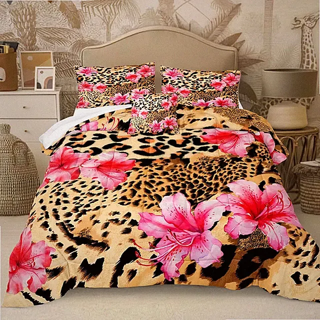 Pink Leopard Print 4-Piece Comforter Set for Queen Bedroom Decor