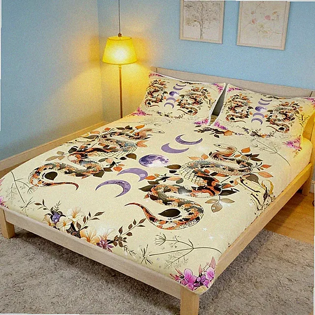 Stars Moon Fitted Queen Size,Gothic Exotic Snake Moth Animal Mattress Cover w...