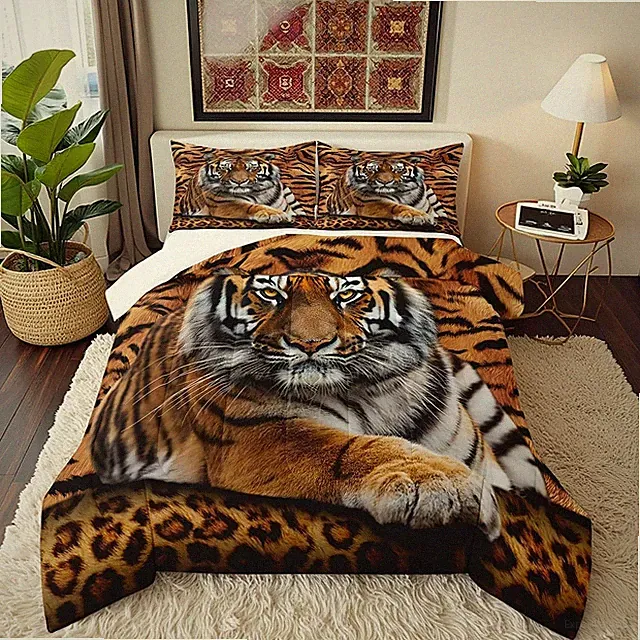 Tiger 3D Print Comforter Set Queen Size Animal Bedding 3Pc Quilt Set