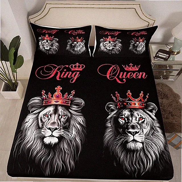 Wild Lion Couple Mattress Cover Queen Size,King and Queen Red Crown Glitter F...