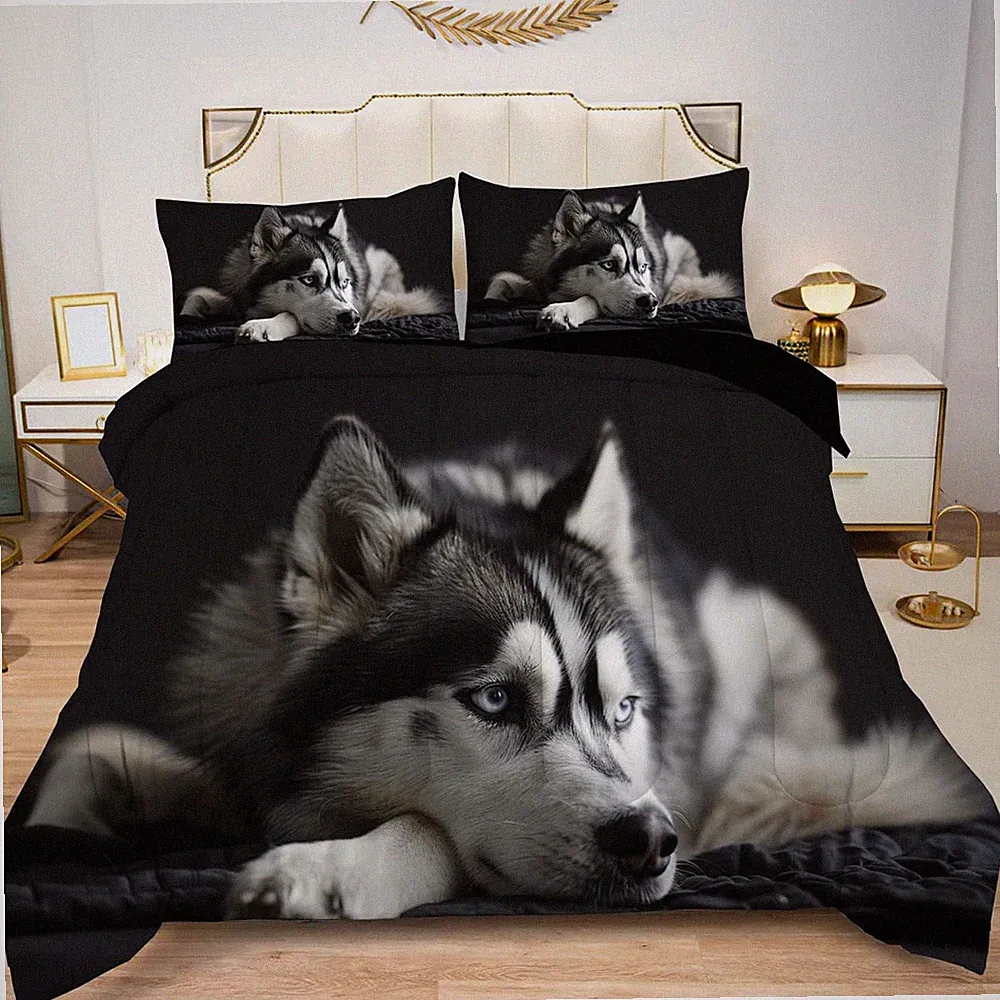 Wildlife Husky Dog Queen Comforter Set - Soft 3D Animal Print Bedding