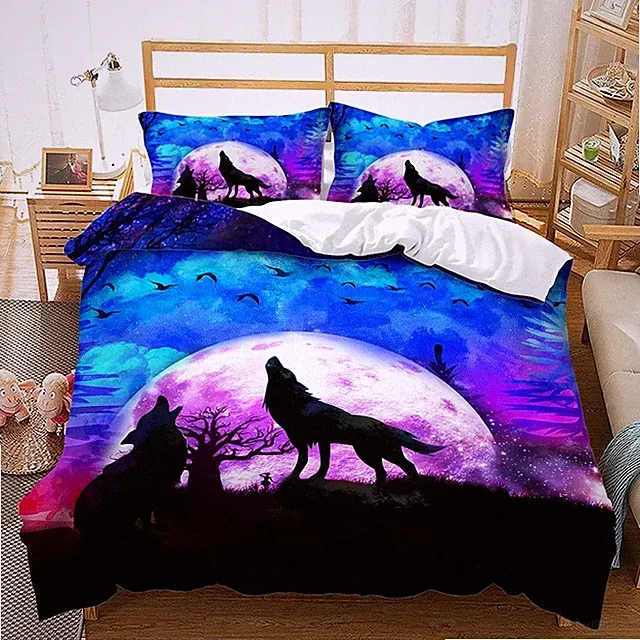 Wolf Moon Snow Forest 3D Duvet Cover Set Animal Bed Linen