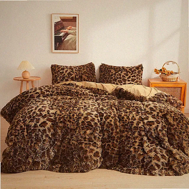 XeGe Cheetah Print Fluffy Faux Fur Duvet Cover Set, 3 Pieces Soft Plush Shagg...