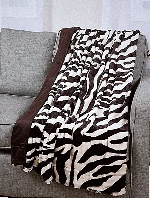 Zebra Print Plush Faux Fur Micromink Brown & White Super Soft Fleece Throw Rever